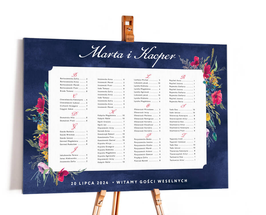 Plan stołów na wesele z motywem kolorowych polnych kwiatów