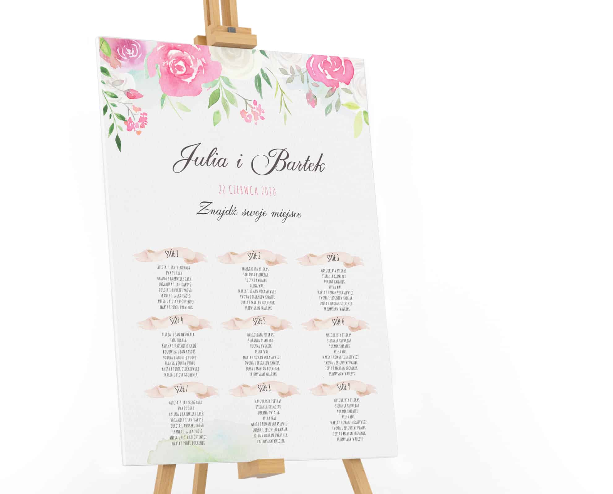 Plan stołów na płótnie z różami w stylu watercolor i delikatnymi listkami
