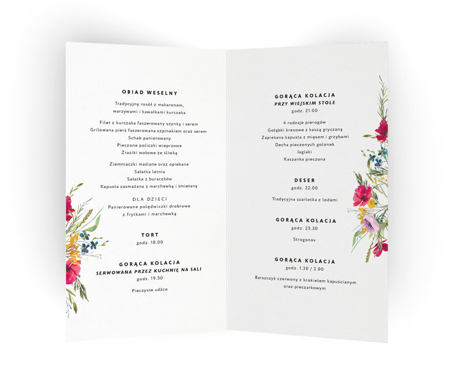 Rustykalne karty menu na stoły weselne z kwiatami
