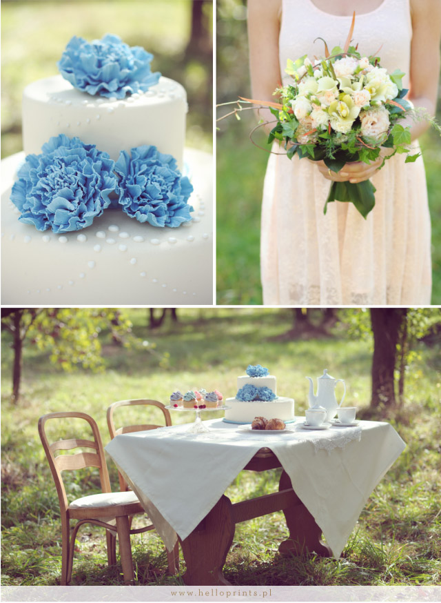 Tort z niebieskimi kwiatami i zielono żółty bukiet ślubny
