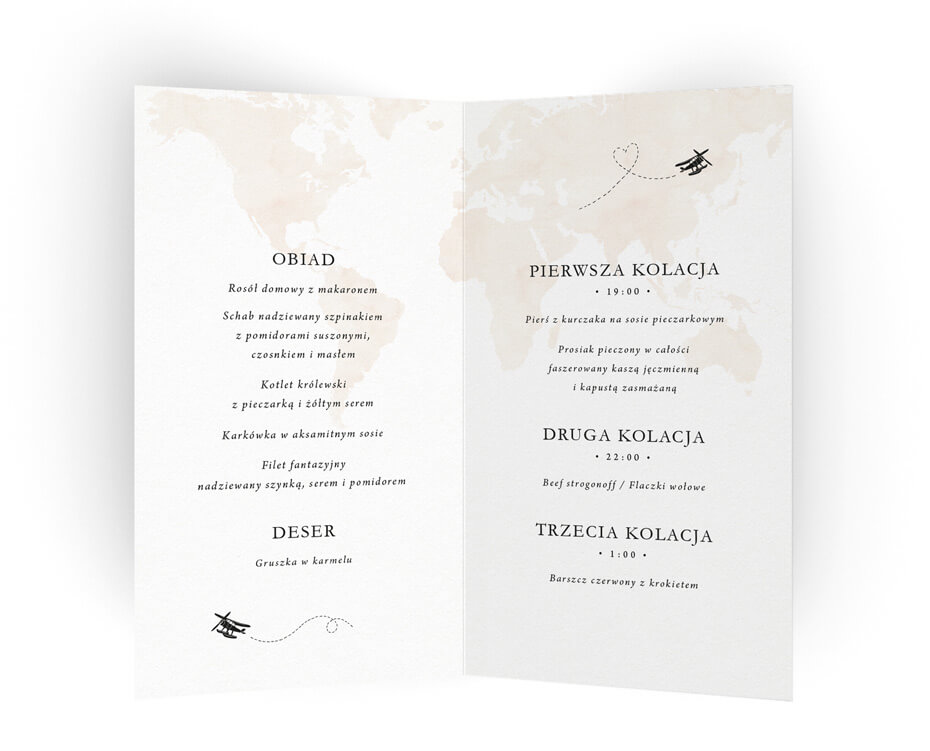 Karty menu na wesele w stylu podróżniczym z mapą i samolotem
