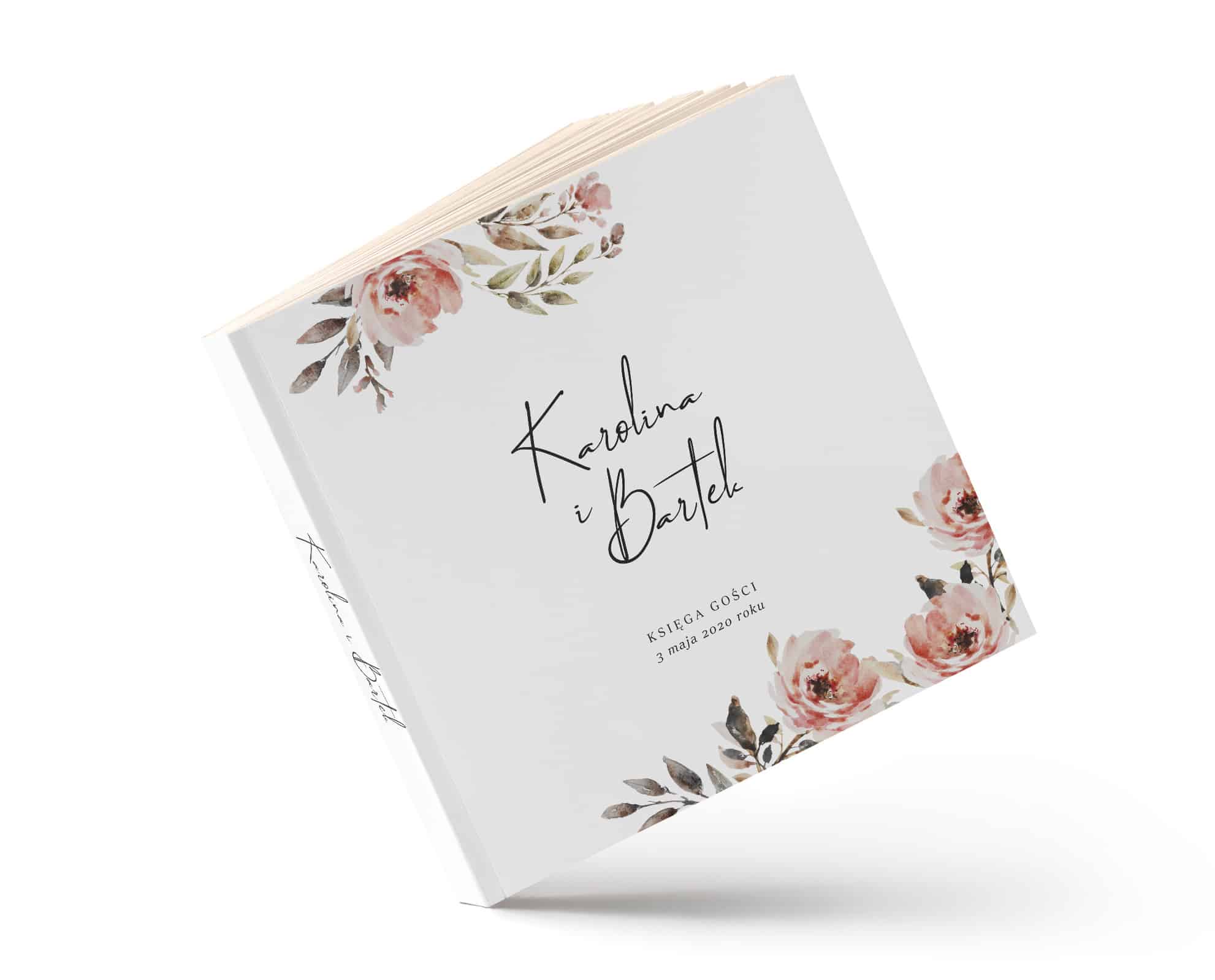 Księga gości z blado różowymi kwiatami, ozdobna czcionka
