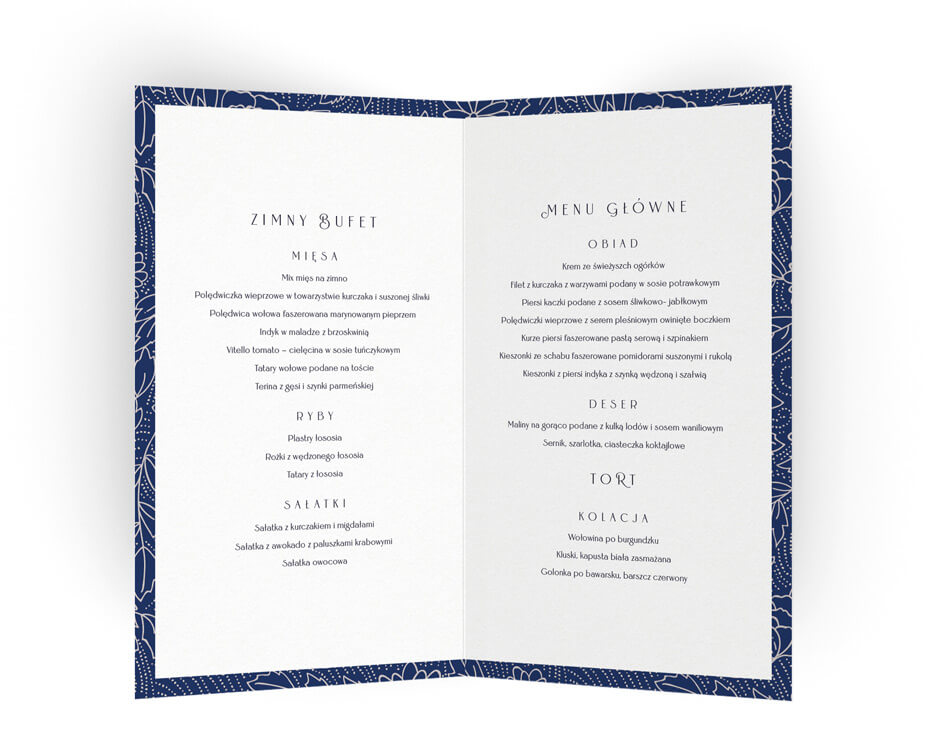 Karty menu weselne, biało granatowe, proste i klasyczne