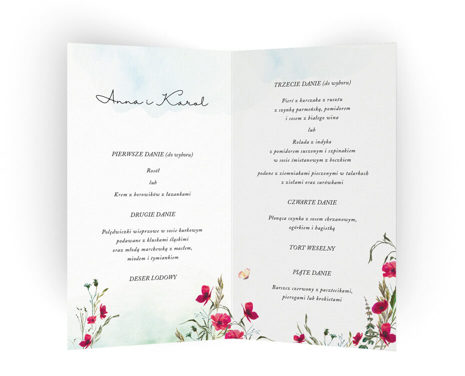 Karty menu do postawienia na stołach weselnych, maki
