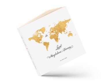 Księga gości na wesele z motywem podróży, złota mapa świata i samoloty