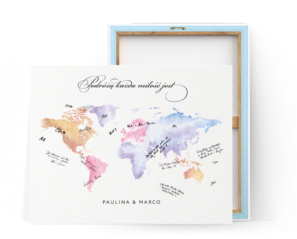 Księga gości w podróżniczym stylu, kolorowa mapa na płótnie