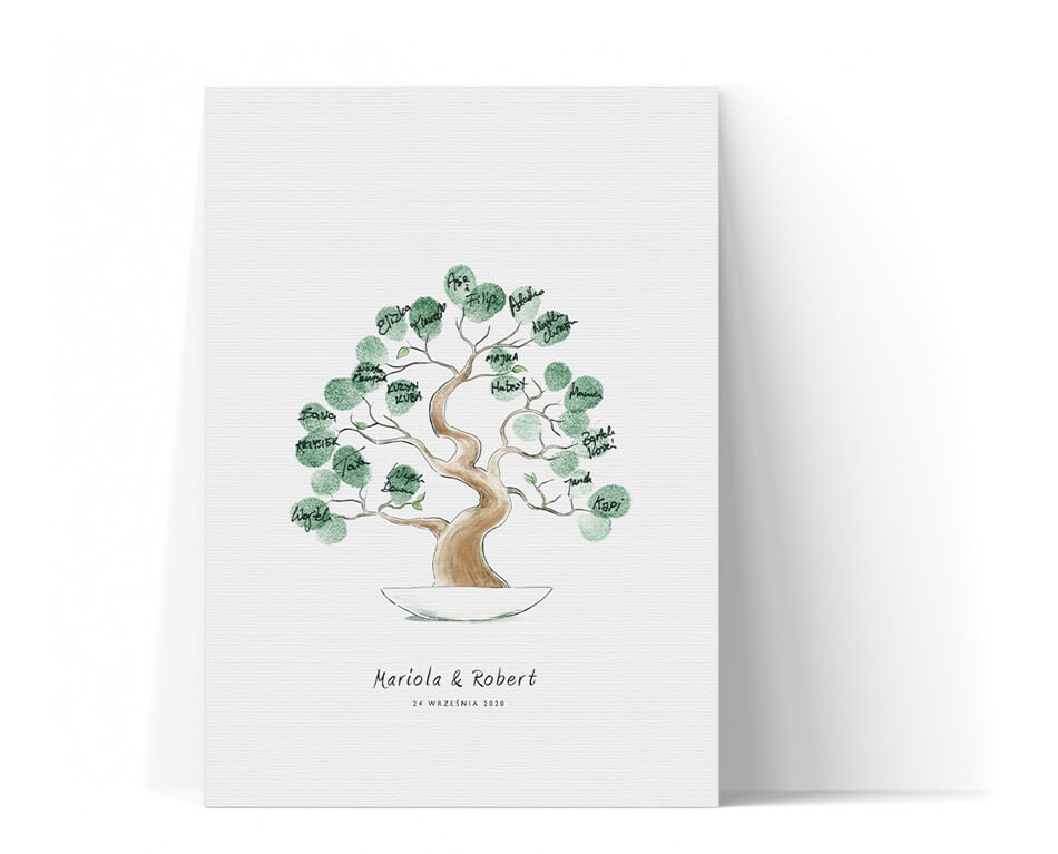 Pomysł na księgę gości z drzewkiem bonsai na płótnie do pozostawiania odciskó palców