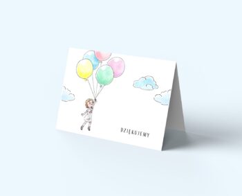 Składane kartki z podziękowaniami, kolorowa okładka z dziewczynką z balonami