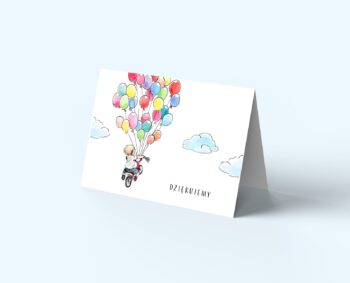 Kartki do wypisania podziękowań dla gości, chłopiec na rowerku z balonami