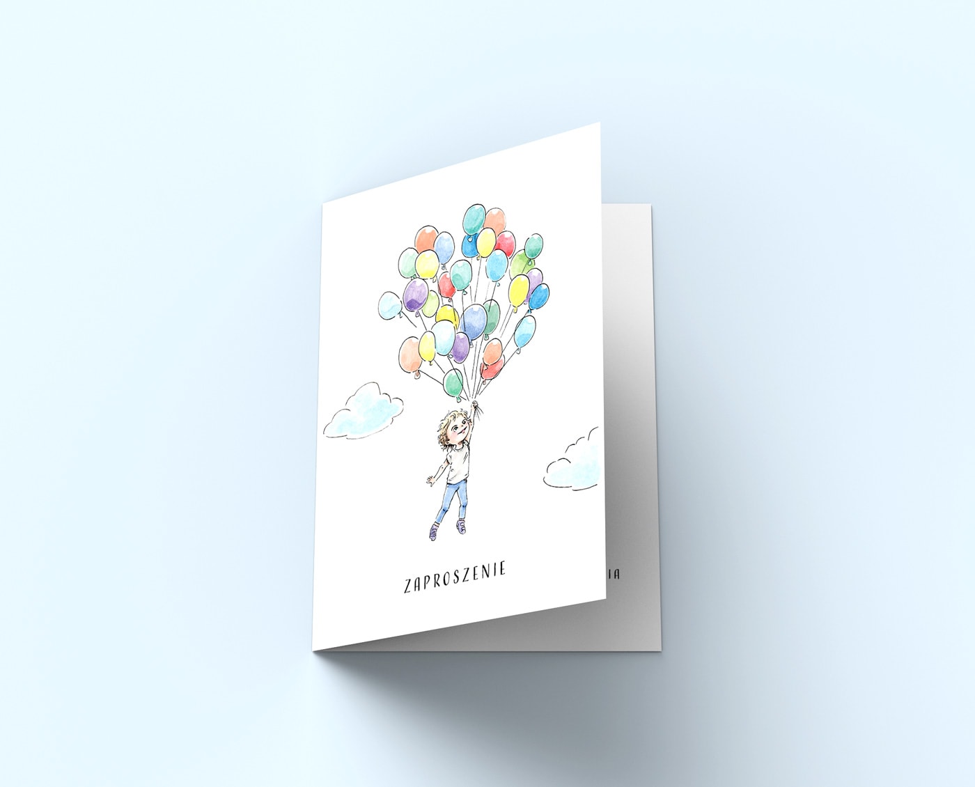 Zaproszenie z lecącym chłopcem trzymającym baloniki