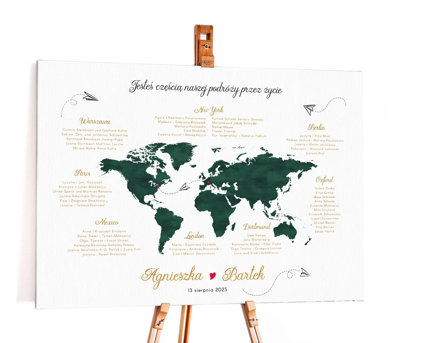 Plan stołów weselnych z mapą świata w butelkowej zieleni