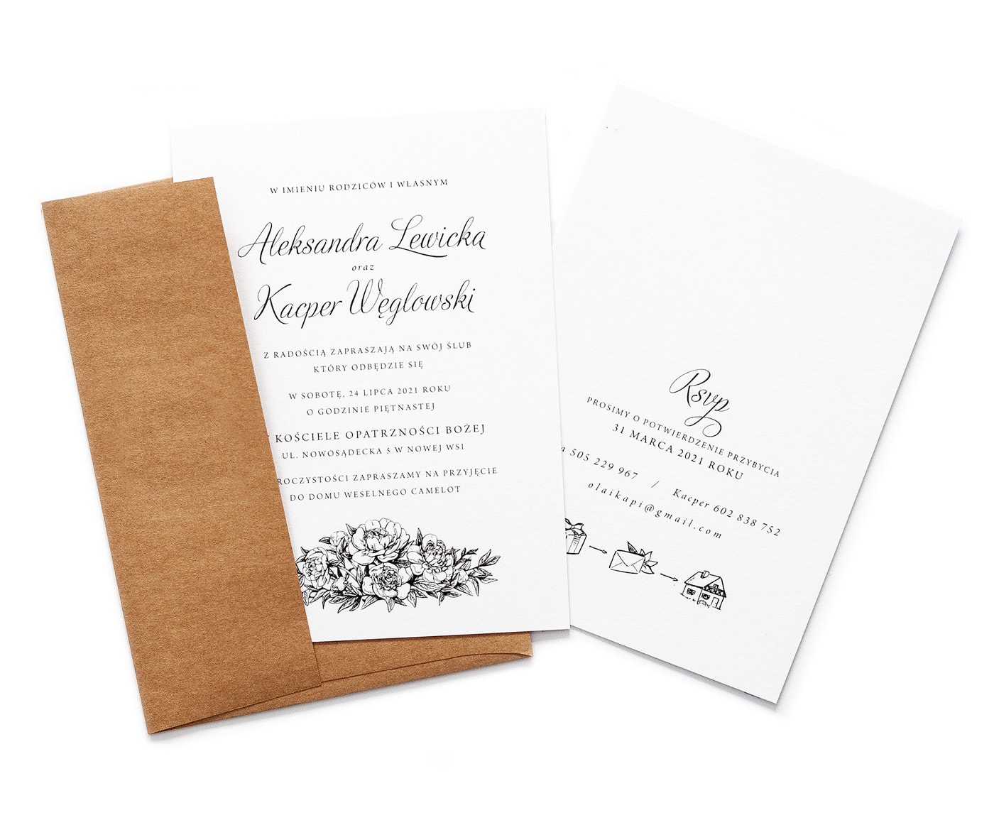 Rustykalne zaproszenia ślubne na papierze ekologicznym z kwiatami piwonii
