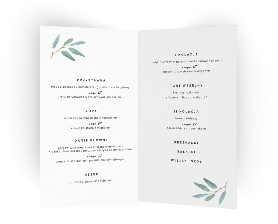 menu do postawienia na stołach weselnych z eukaliptusem
