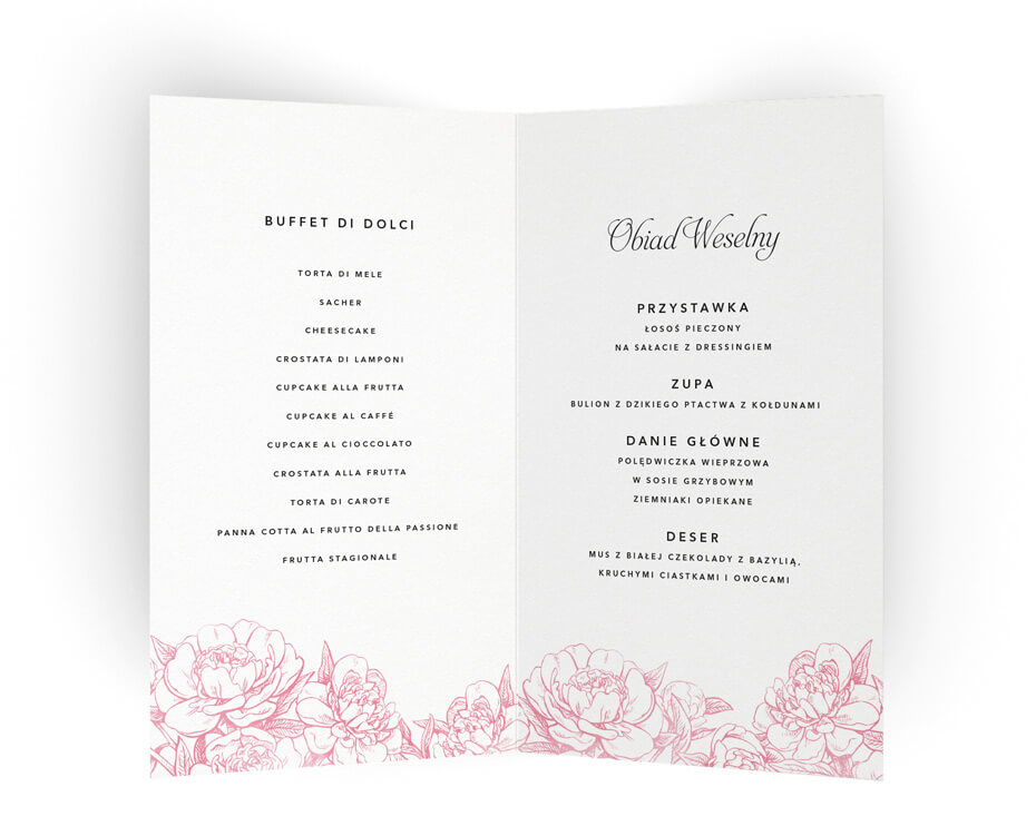 menu na stoly weselne z wymienionymi daniami