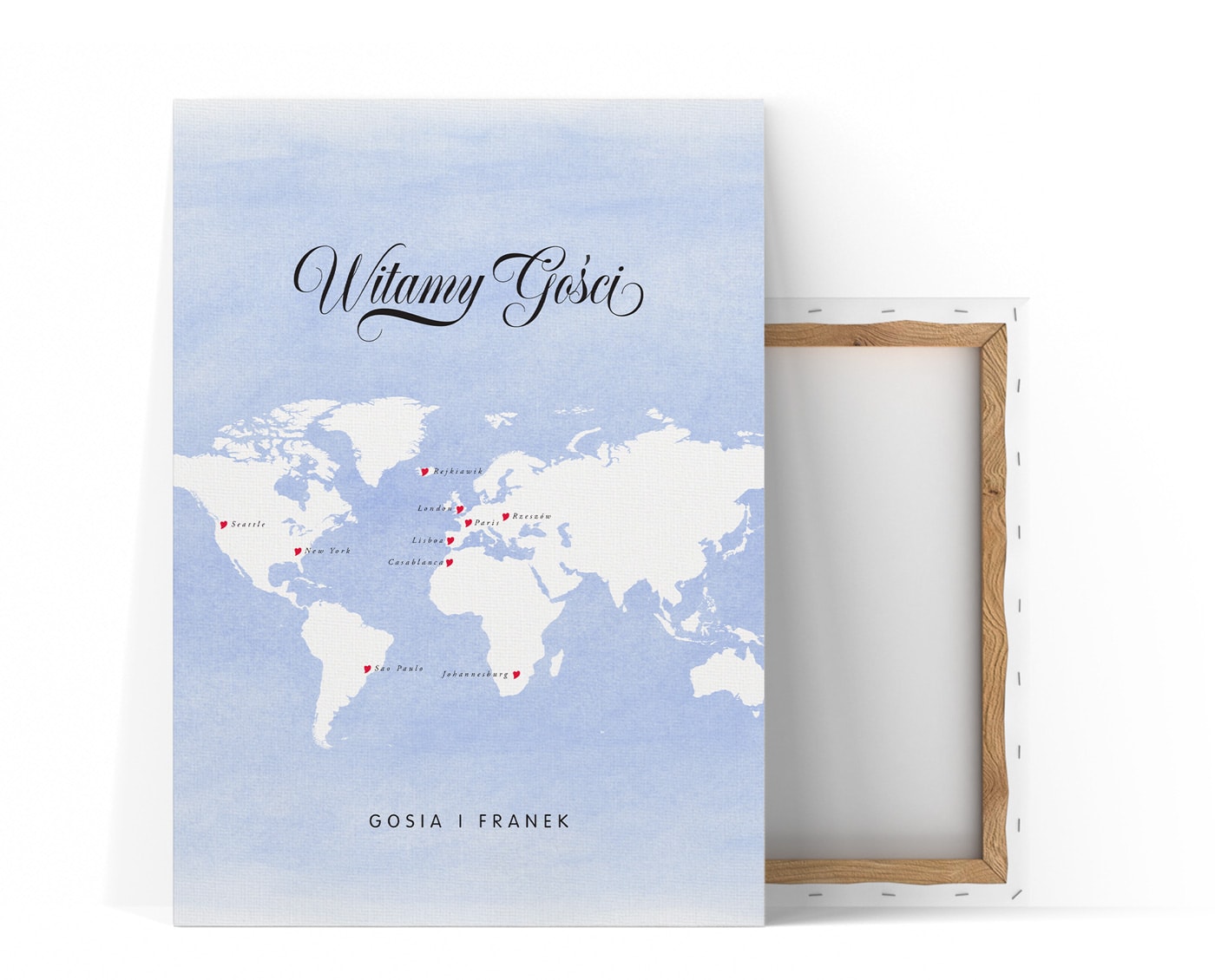 Tablica powitalna z białą mapą świata