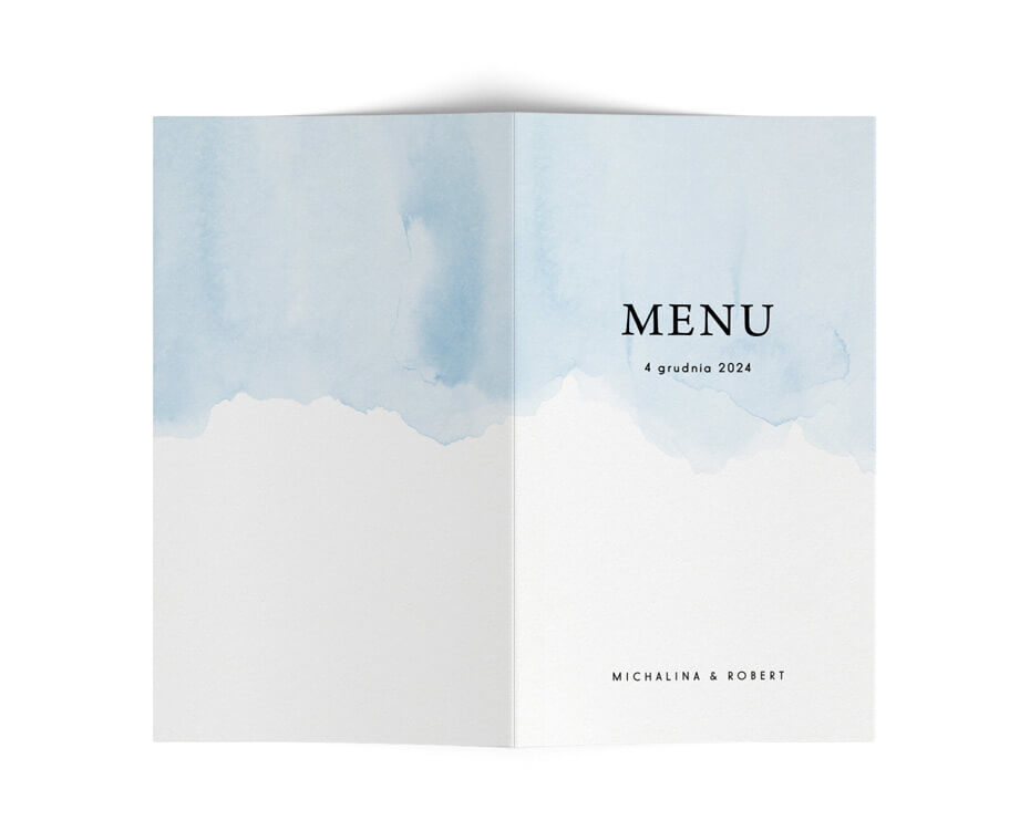 Biało niebieskie katy menu na weselne stoły