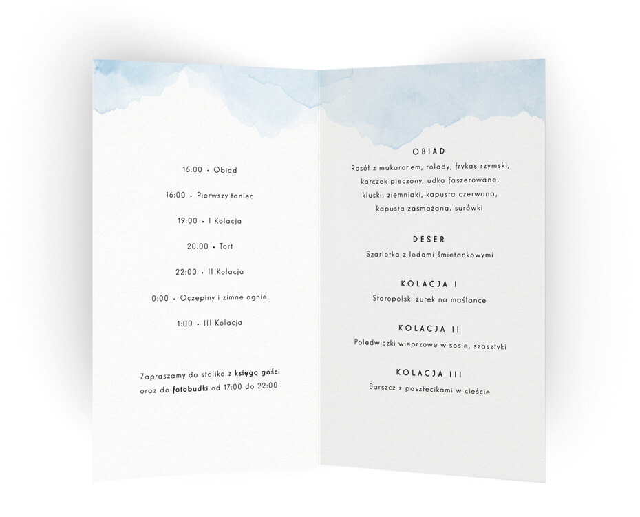 Karty menu z listą dań na weselu