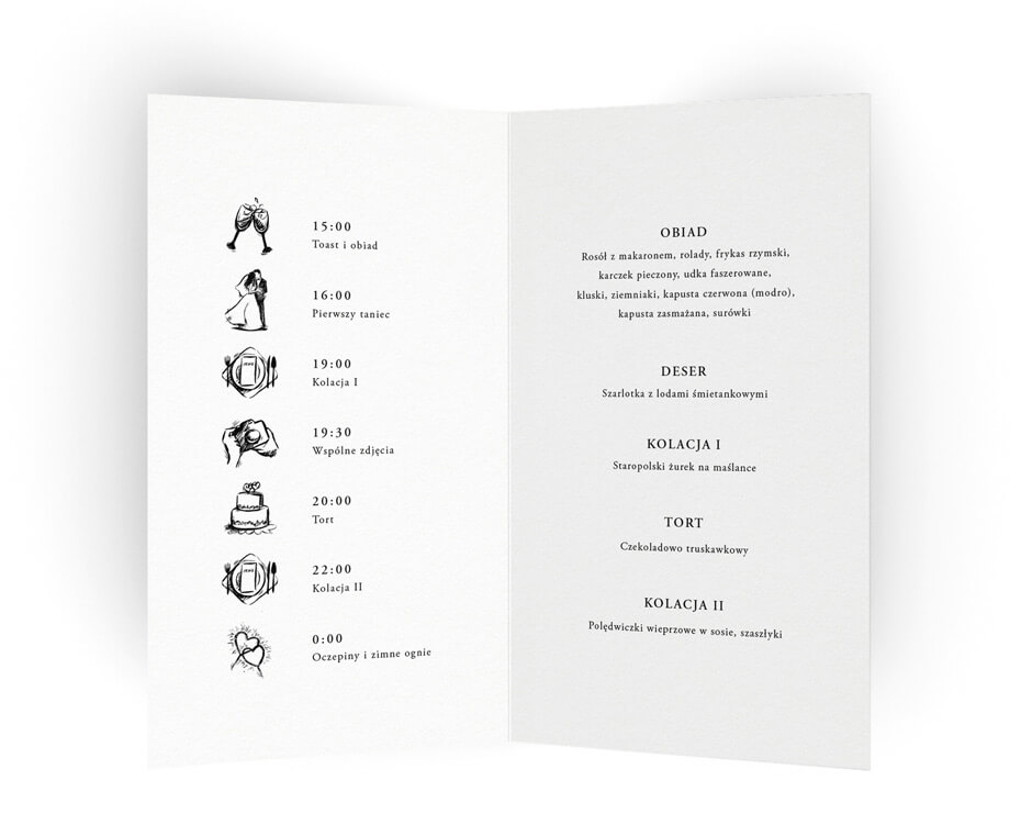 Karty menu z przebiegiem wesela, eleganckie z listkiem