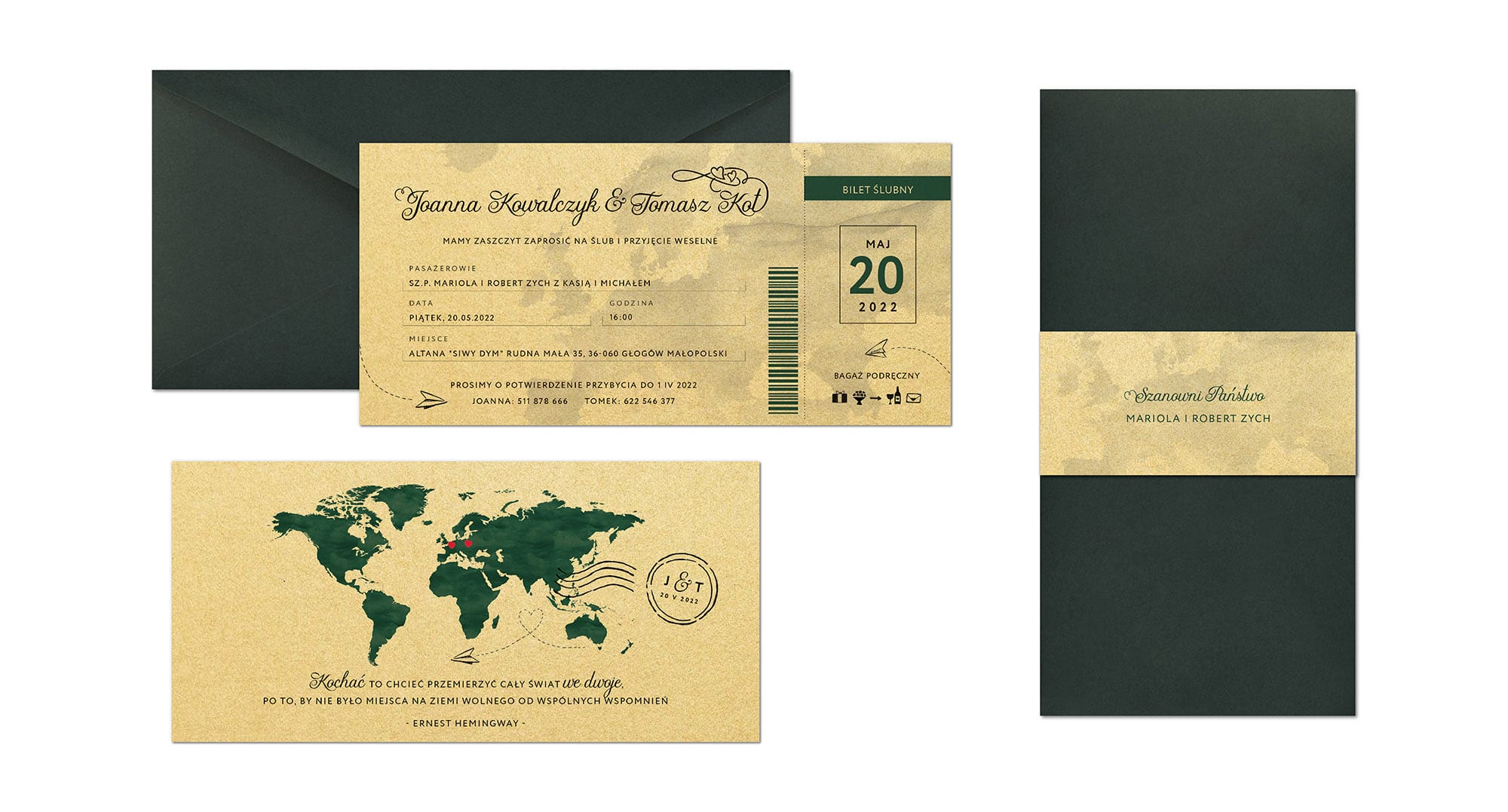 Zaproszenia w formie biletu lotniczego złote z zieloną mapą i opaską