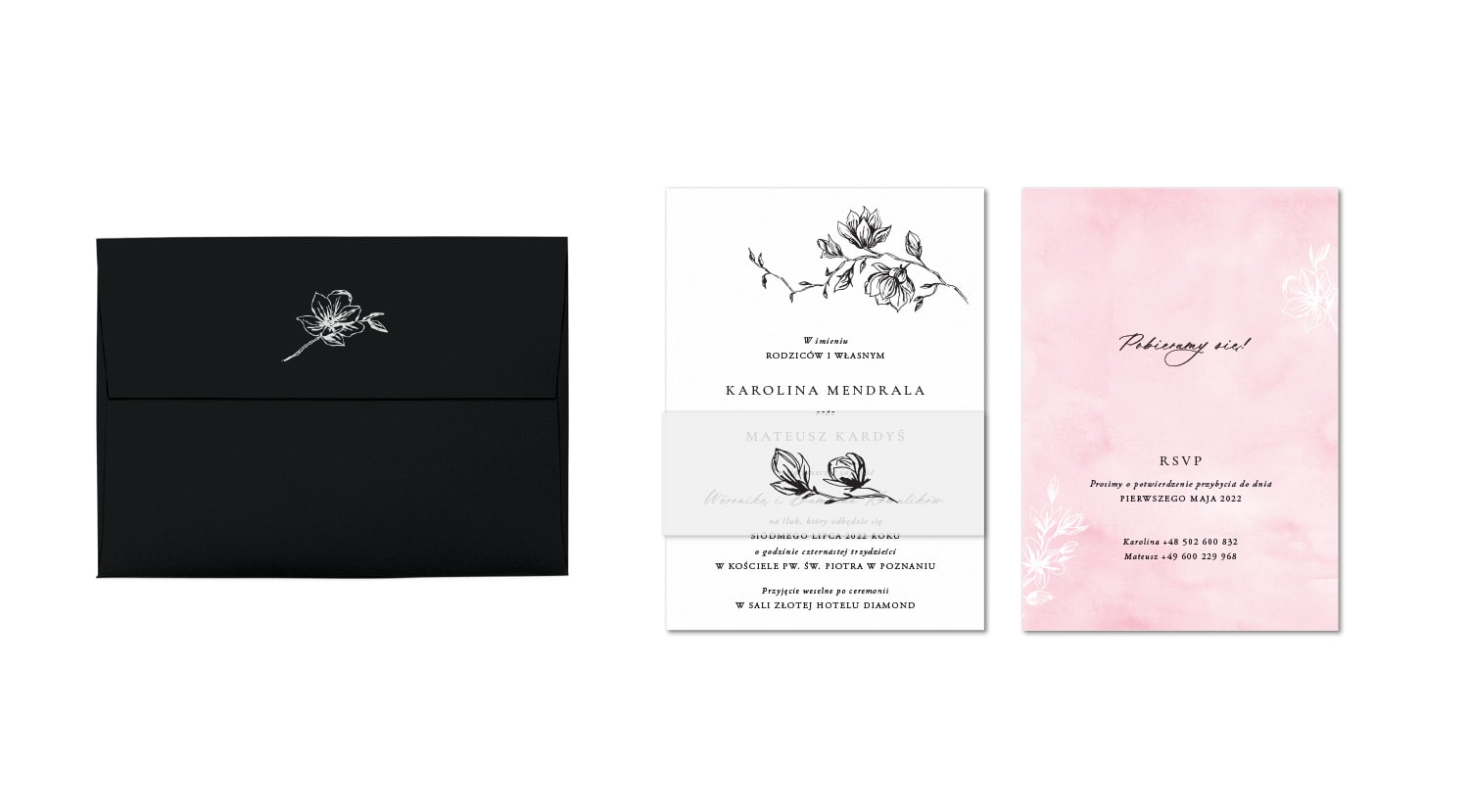 Zaproszenia ślubne blado różowe z białym i ilustrowanymi magnoliami