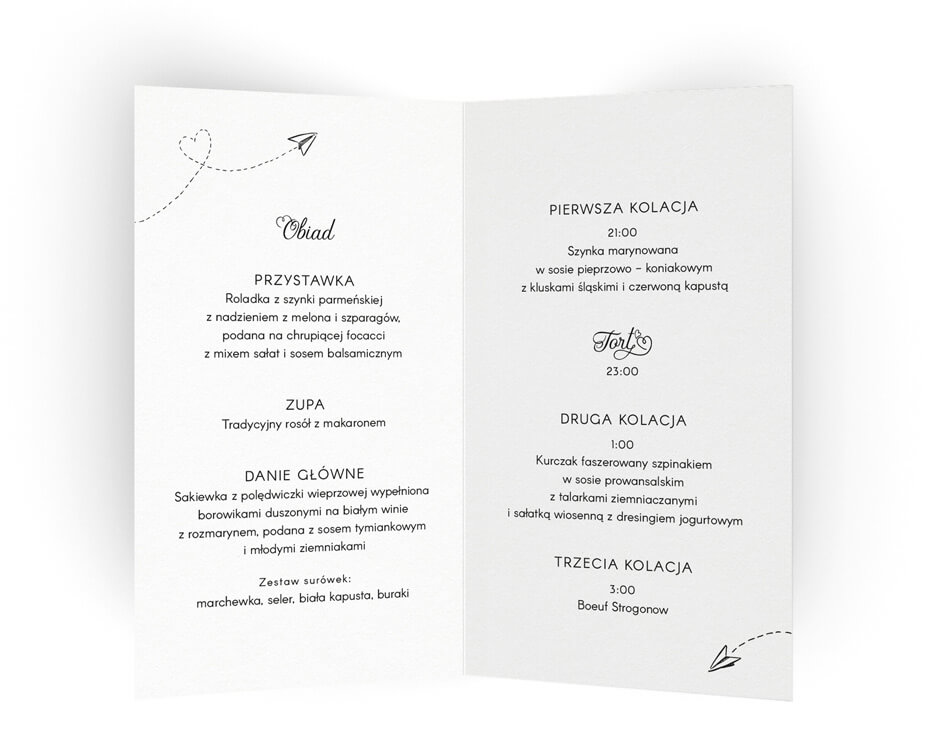 Kart menu z listą dań na wesele
