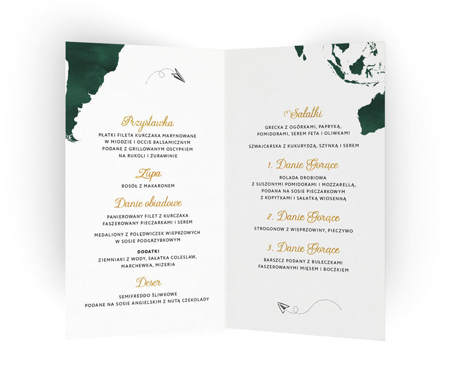 karty menu z listą dań na wesele