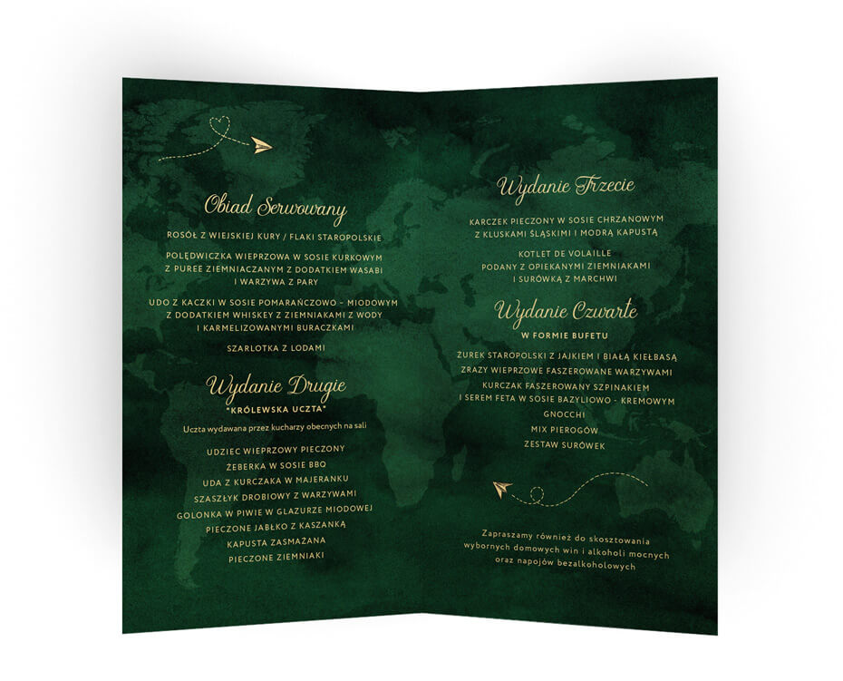 zielone karty menu ze złotymi napisami i mapą świata
