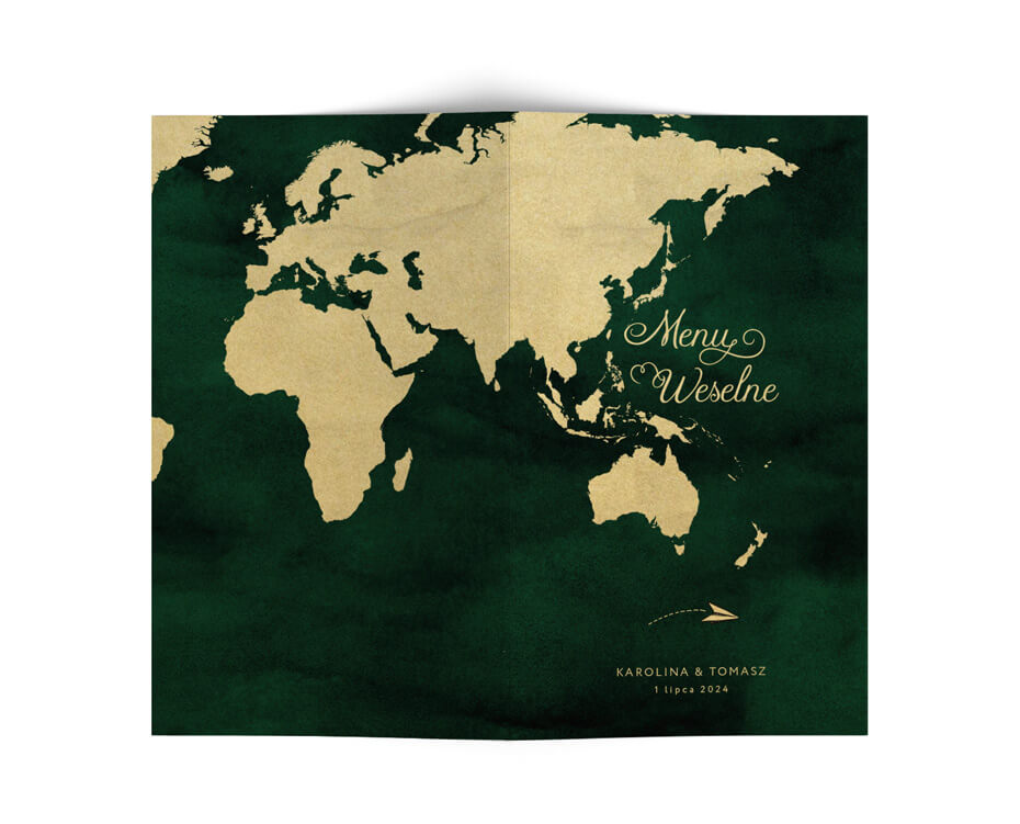 karty menu weselne zielono złote z mapą świata