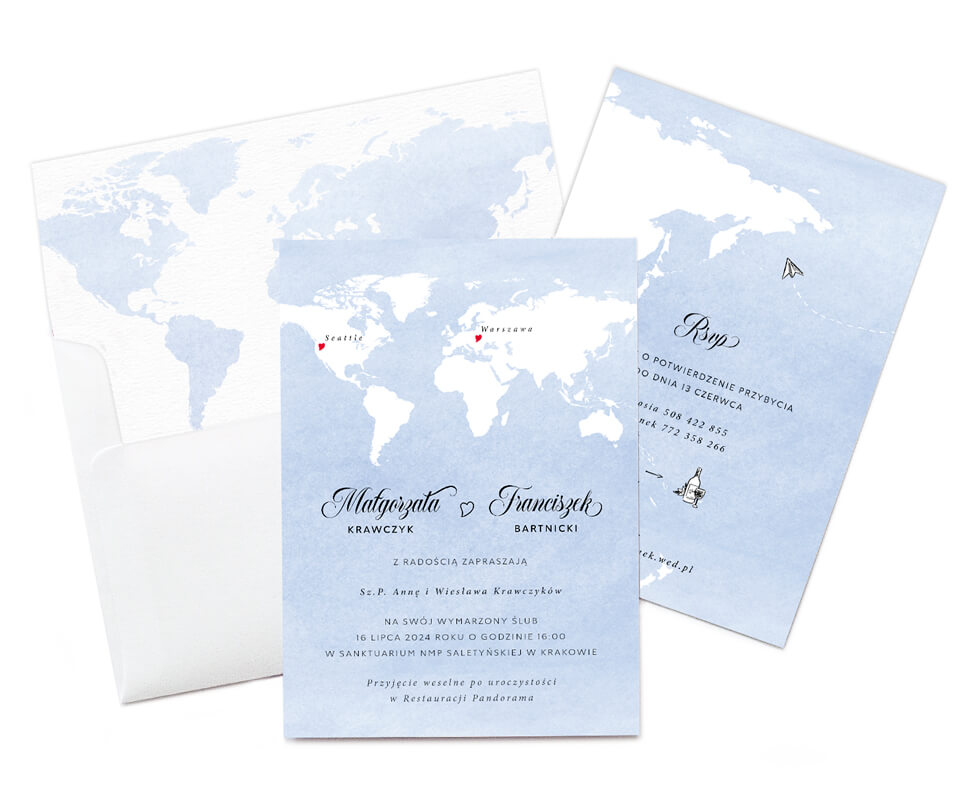 Zaproszenia ślubne z motywem mapy w kolorze niebieskiej