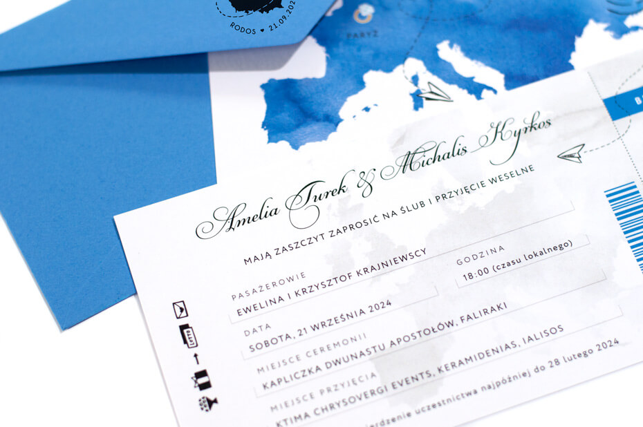 Zaproszenia ślubne polsko greckie, bilet na samolot