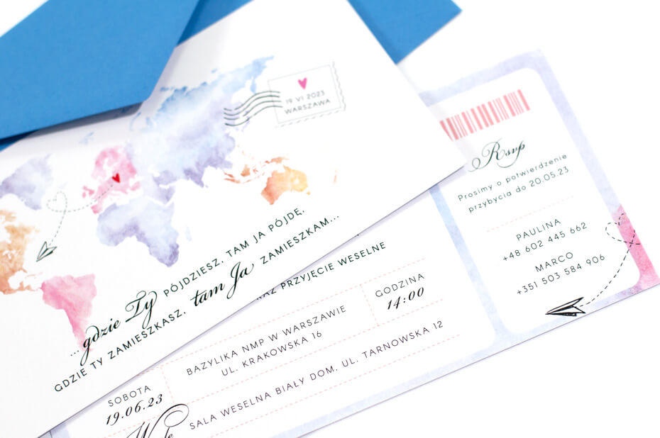 Zaproszenia ślubne mapa świata, kolorowe w formie biletu na samolot