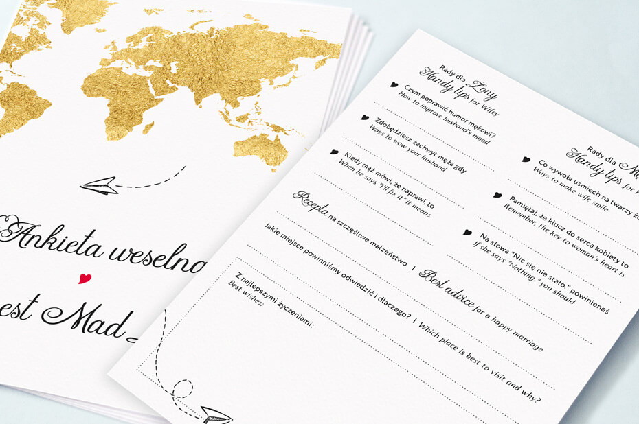 Karta weselna z radami ze złotą mapą świata, zagraniczne wesele