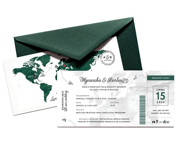 Zaproszenia z zieloną mapą świata, bilet lotniczy