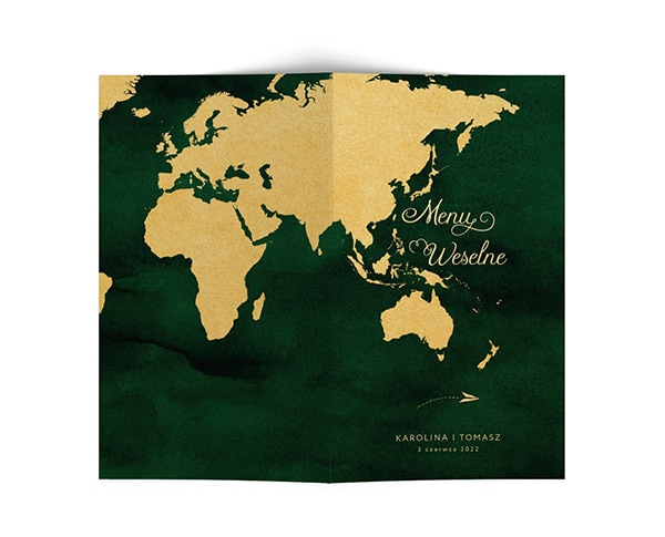 Karty menu z Mapą Świata, zielono złote