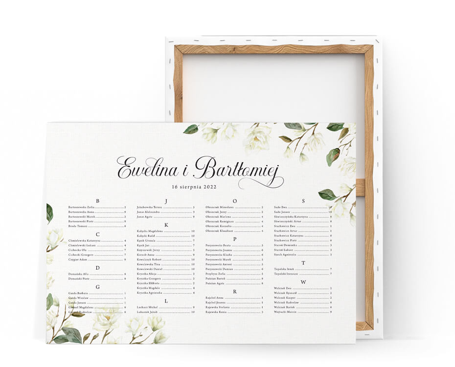 Elegancki plan stołów z układem alfabetycznym i kwiatami magnolii