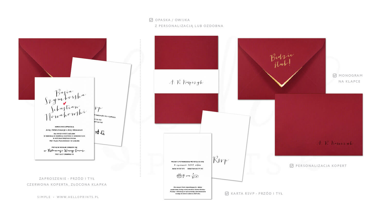 kolekcja zaproszeń simple z czerwoną kopertą i złoceniem