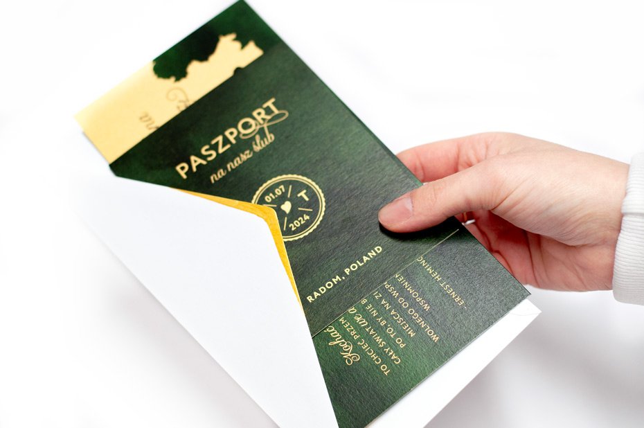 paszport ślubny, zaproszenia w formie biletu zielono złote