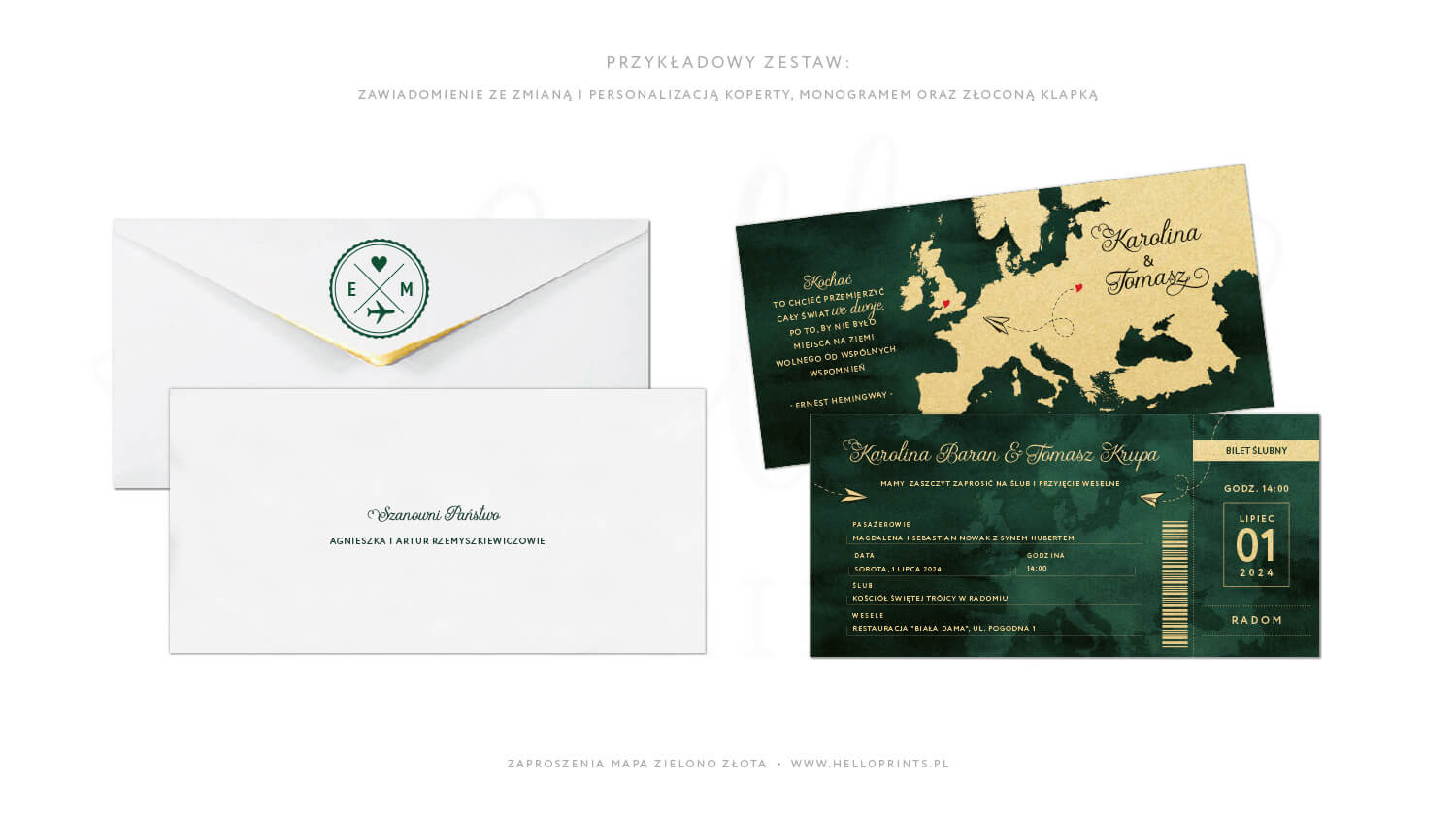 Zielono złote zaproszenia paszport ślubny z białą kopertą ze złoconą klapką